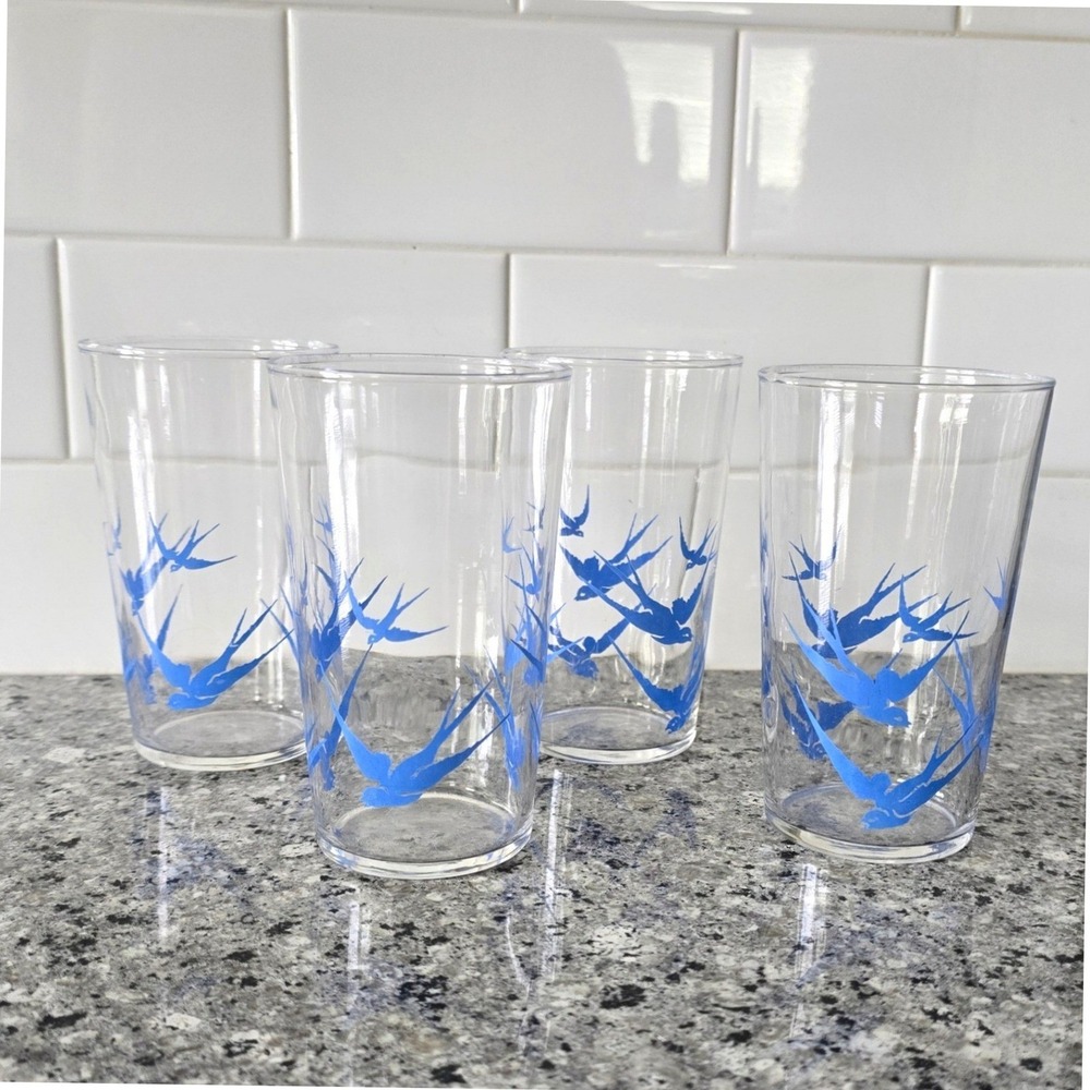 MCM Federal Glass Blue Bird Tumblers Set of 4 Clear Swallows Barware Seagulls